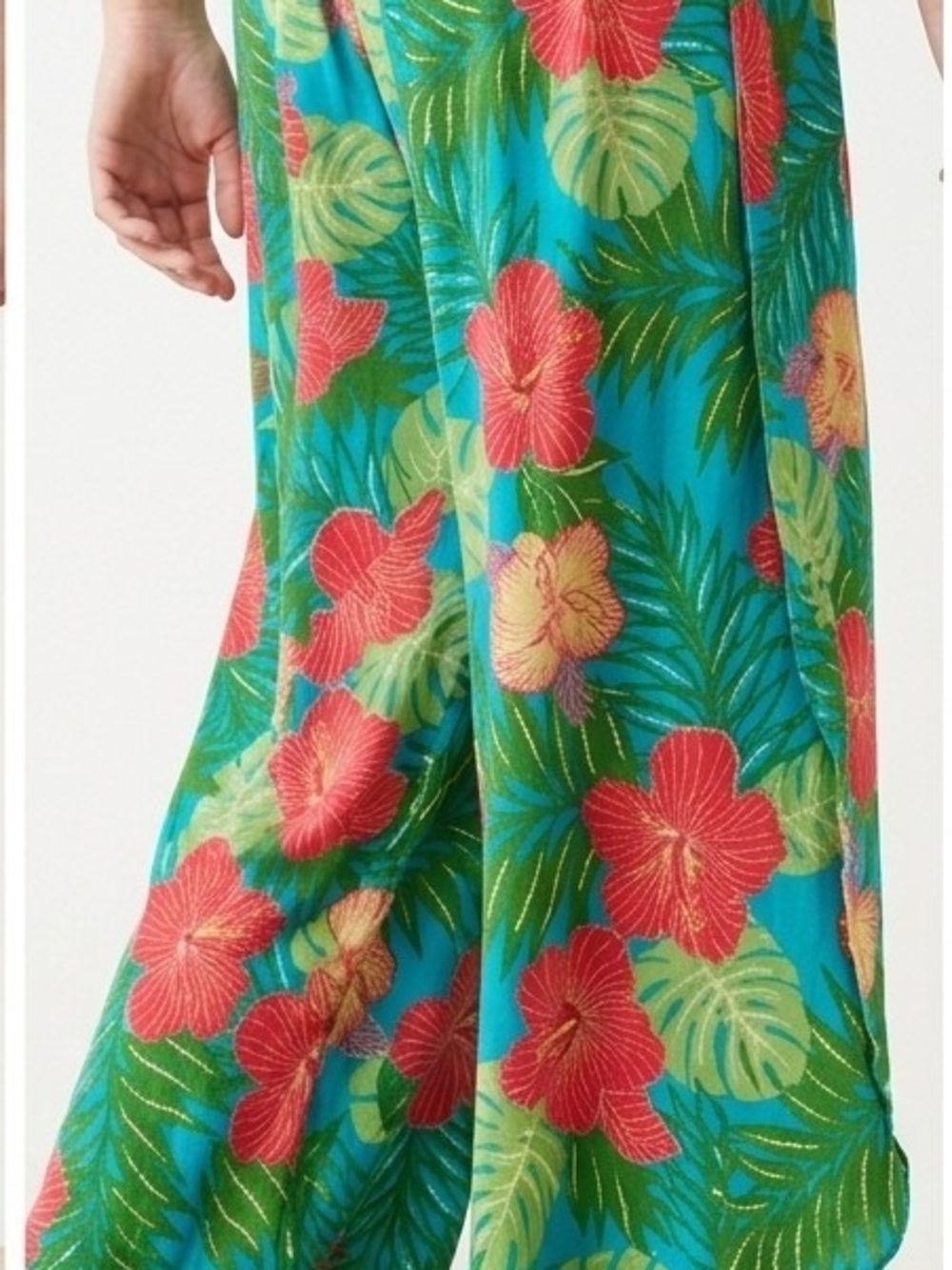 Gaucho Tropical Wide-Leg Pants in Turquoise and Pink Floral